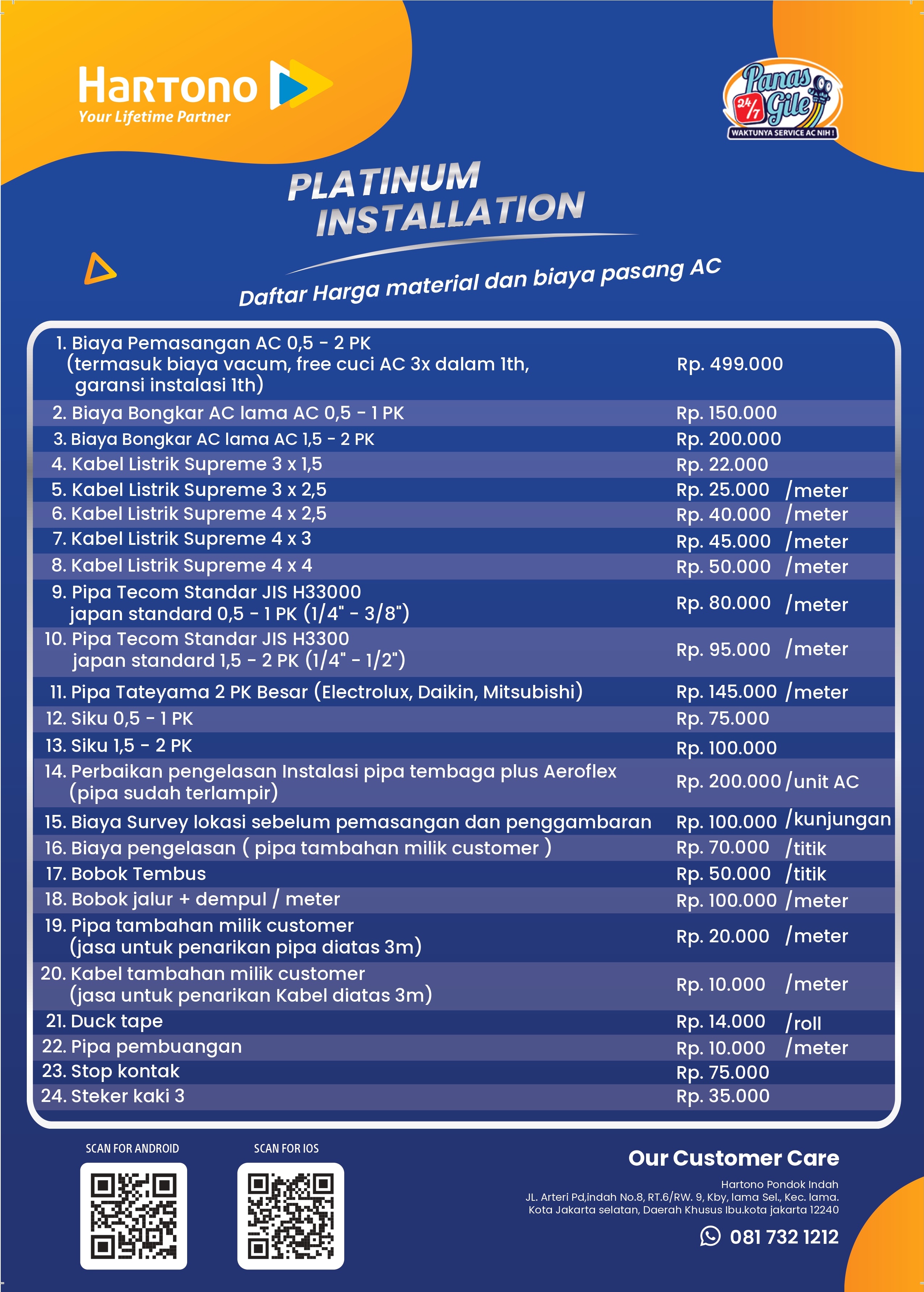 Daftar Biaya & Tambahan Pemasangan Air Conditioner Wilayah Jakarta Kategori Platinum Installation
